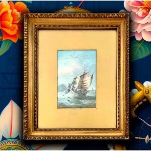 Painting Ship in Wild Ocean Oriental Seacape Vintage Nautical Art Decor